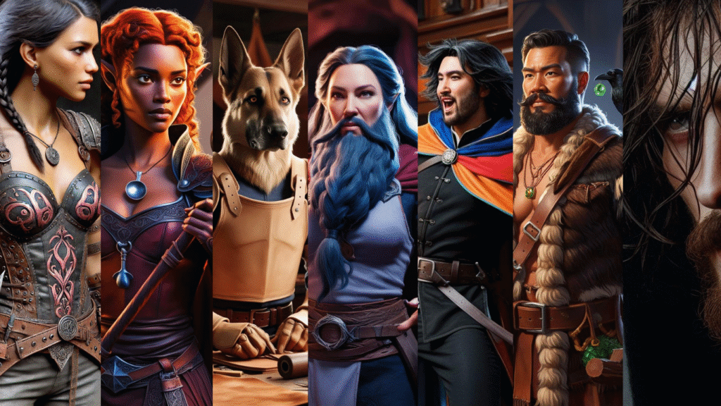 Group portrait of all the AI generated photos of the characters in this campaign.