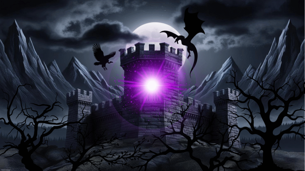 A gloomy tower with purple magical light emanating from the windows. Winged creatures circle in the night sky.