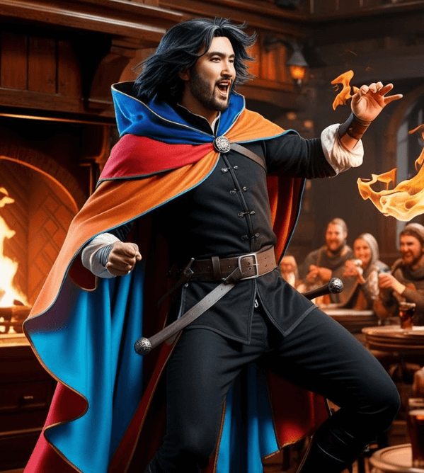 Cadence wears orange and red robes over black tunic and pants. He is dancing on a table and playing with fire.