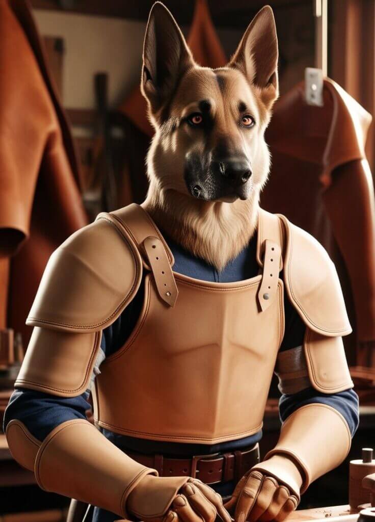 A dog-man who looks like a German Shepherd stood working in his leather workshop. He is a good boy.
